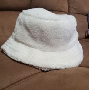 Fuzzy white bucket hat